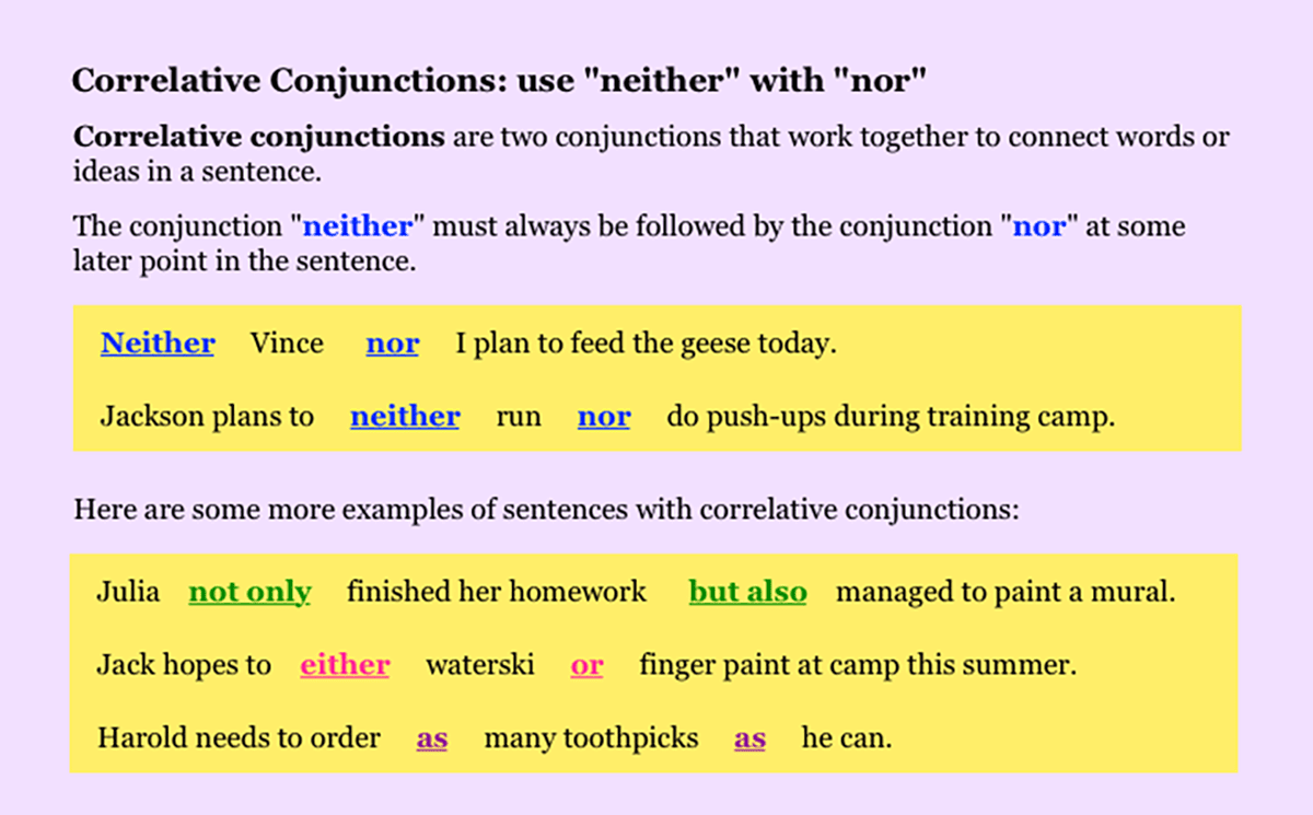 Conjunctions Using Nor Lesson Image 5971 | NoRedInk